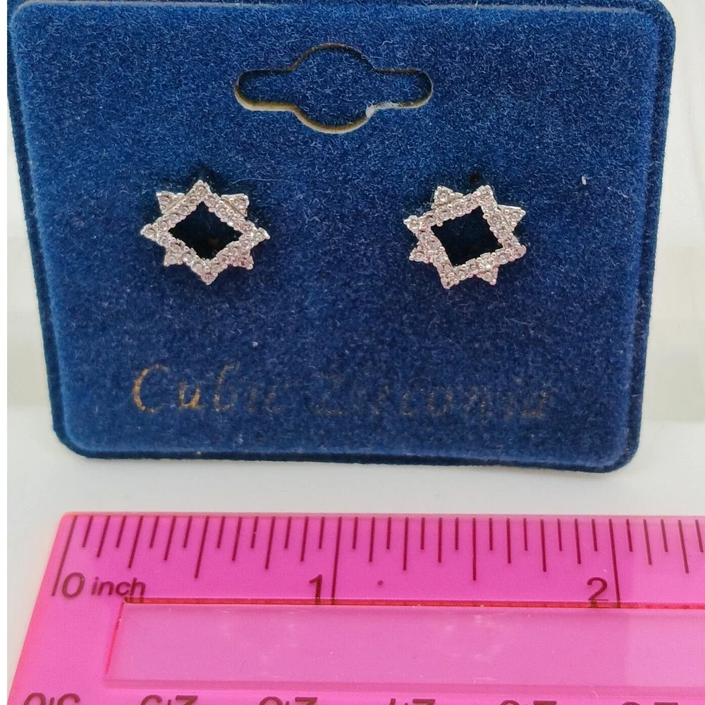 Vintage 1990s Cubic Zirconia Geometric Star Stud Earrings Silver Tone New‎